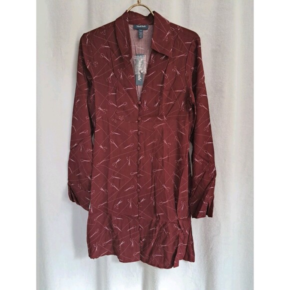 Modcloth A Cut Above Shirt Dress Deep Red Scissor Print Button Up Size 2 NWT - Picture 1 of 11